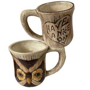 Vintage 70s Retro Owl Have A Nice Day Ceramic Pottery Coffee Mug Lot Kitschy